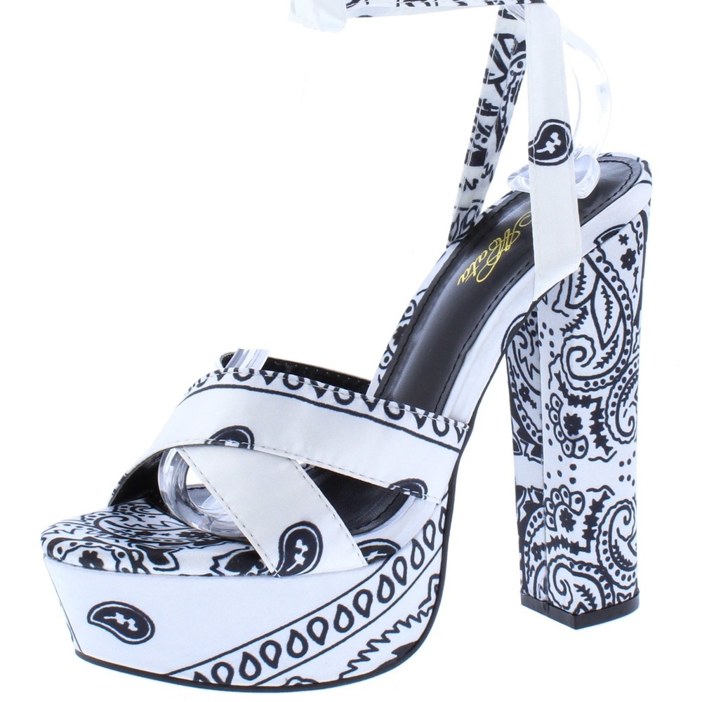 White Bandana Fabric Platform Block Heel